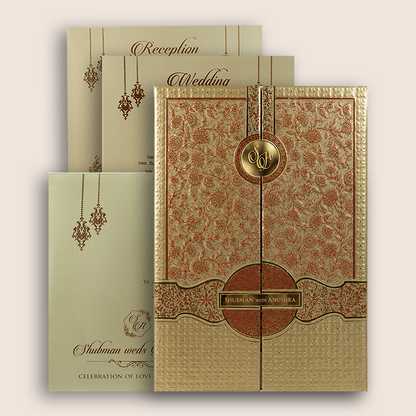 Gold Embossed Floral Door Style Padded Wedding Card - krb10411