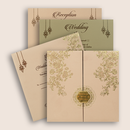 Peach Embossed Floral Door Style Padded Wedding Invitation - KRB10440