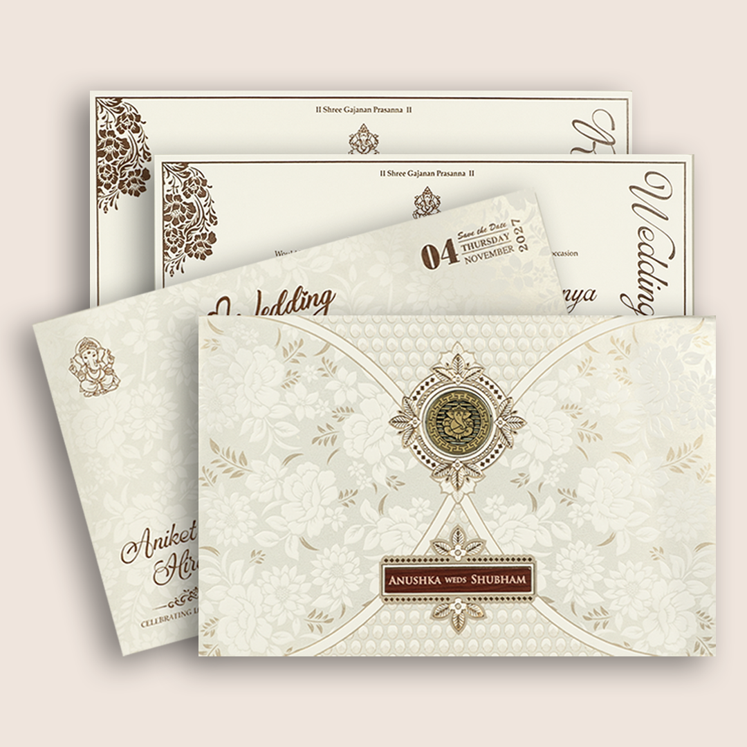 White Embossed Floral Padded Wedding Invitation - KSH73530