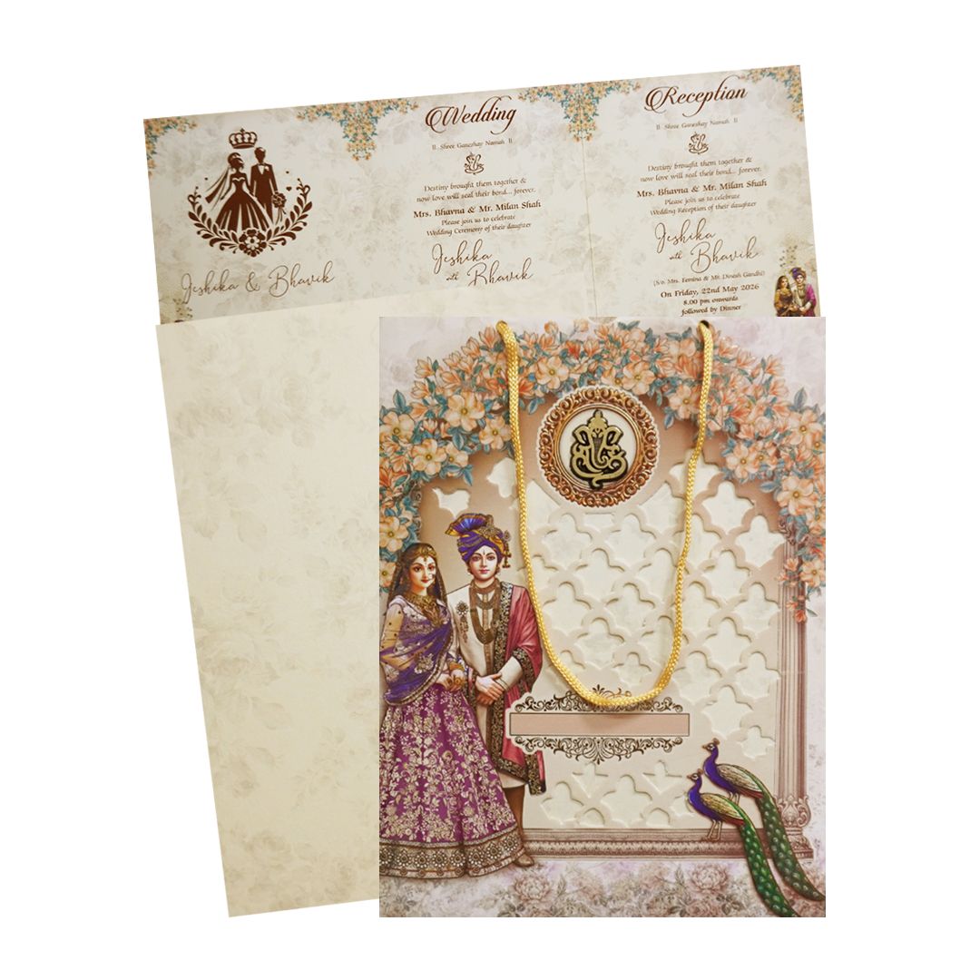 Cream Floral Couple Peacock Bag Wedding Card - KSH73210