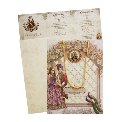 Cream Floral Couple Peacock Bag Wedding Card - KSH73210