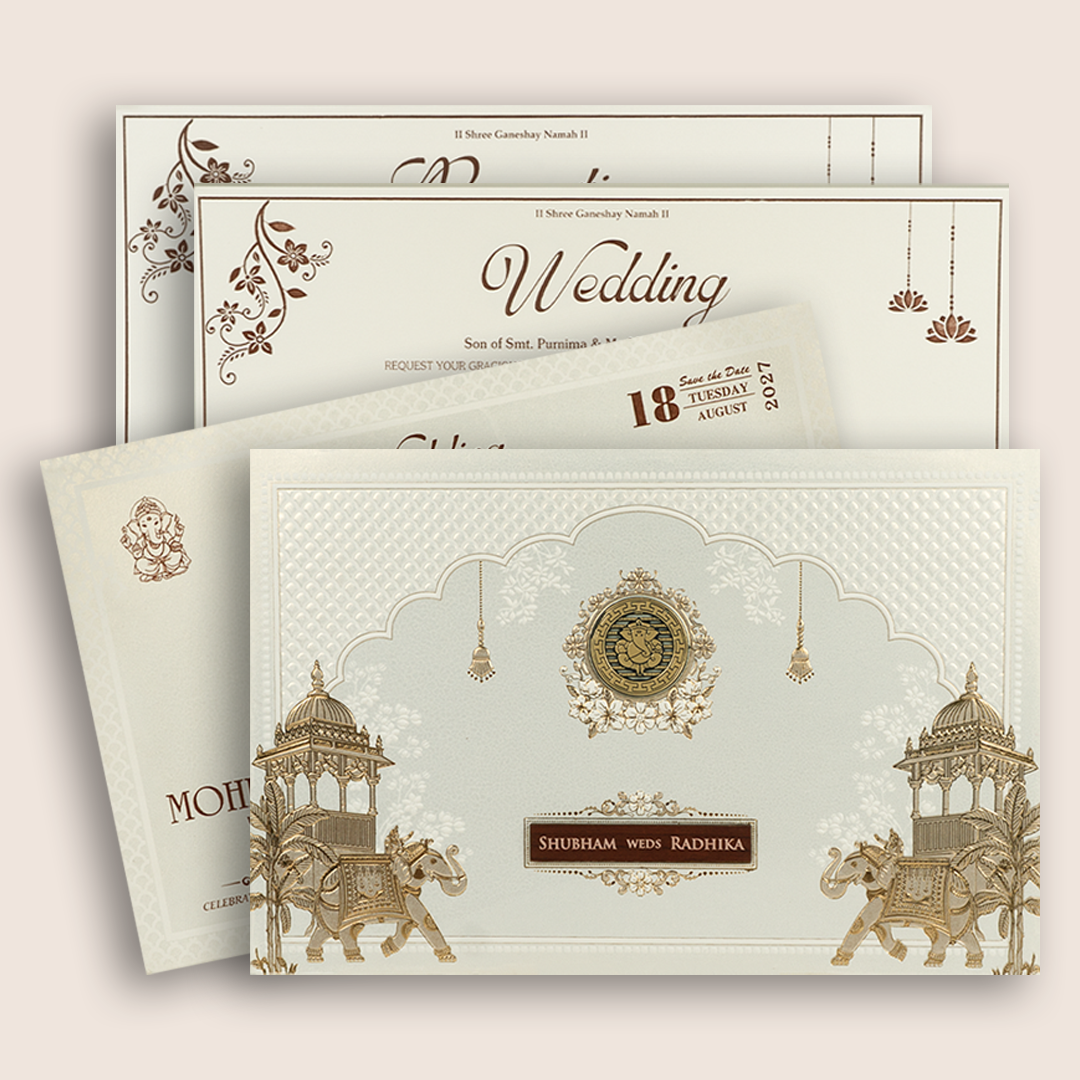 White Embossed Elephant Padded Wedding Invitation - KSH27210