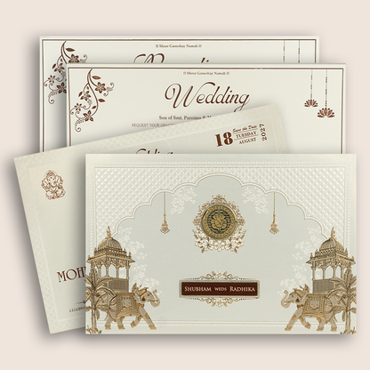 White Embossed Elephant Padded Wedding Invitation - KSH27210