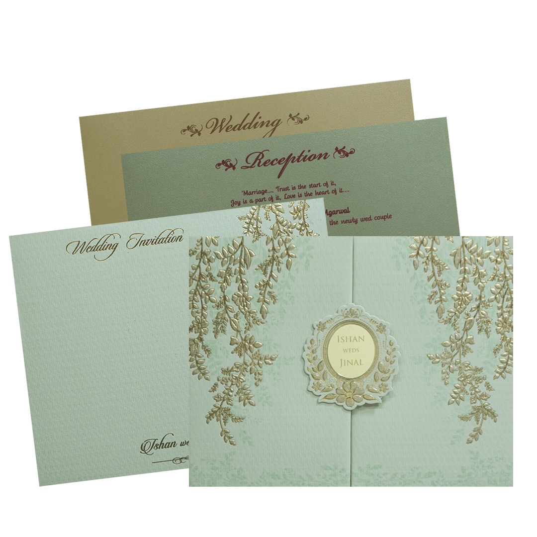 Luxury Green &amp; Gold Padded Wedding Card - KMMWD1113