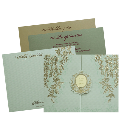 Luxury Green &amp; Gold Padded Wedding Card - KMMWD1113