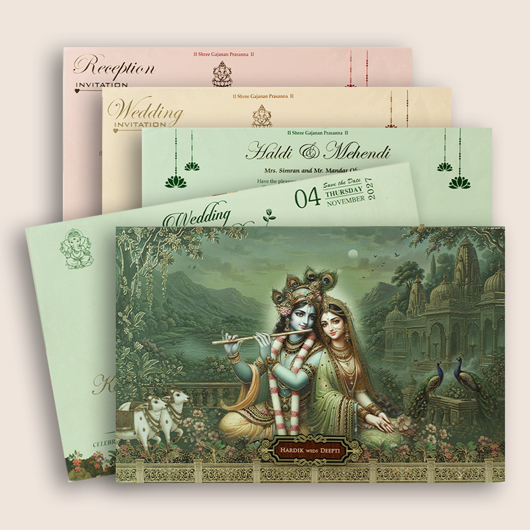 Green Lord Krishna Radha Padded Wedding Card - KSH18820