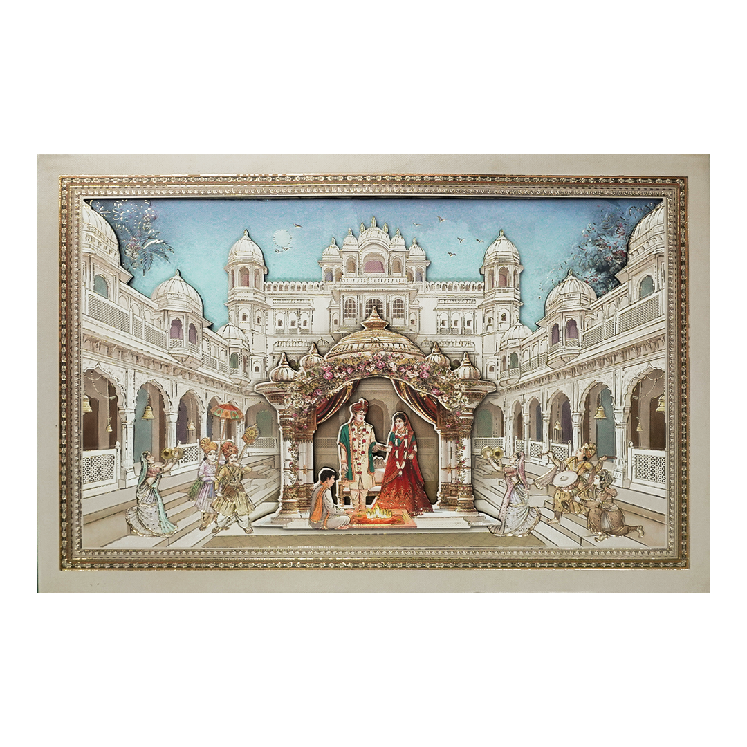 Grey Palace Mandap Padded Wedding Card-KSI64550