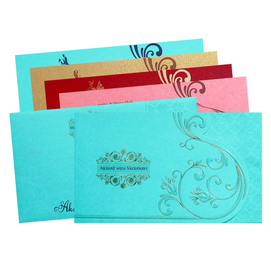 Blue Gold Foil Embossed Floral Wedding Invitation Card-KPR06440