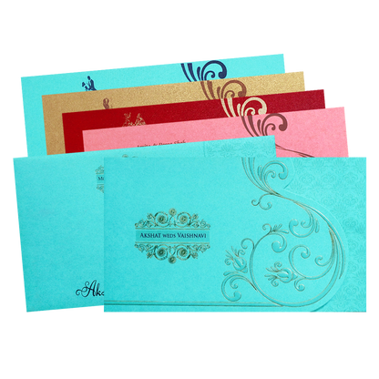 Blue Gold Foil Embossed Floral Wedding Invitation Card-KPR06440