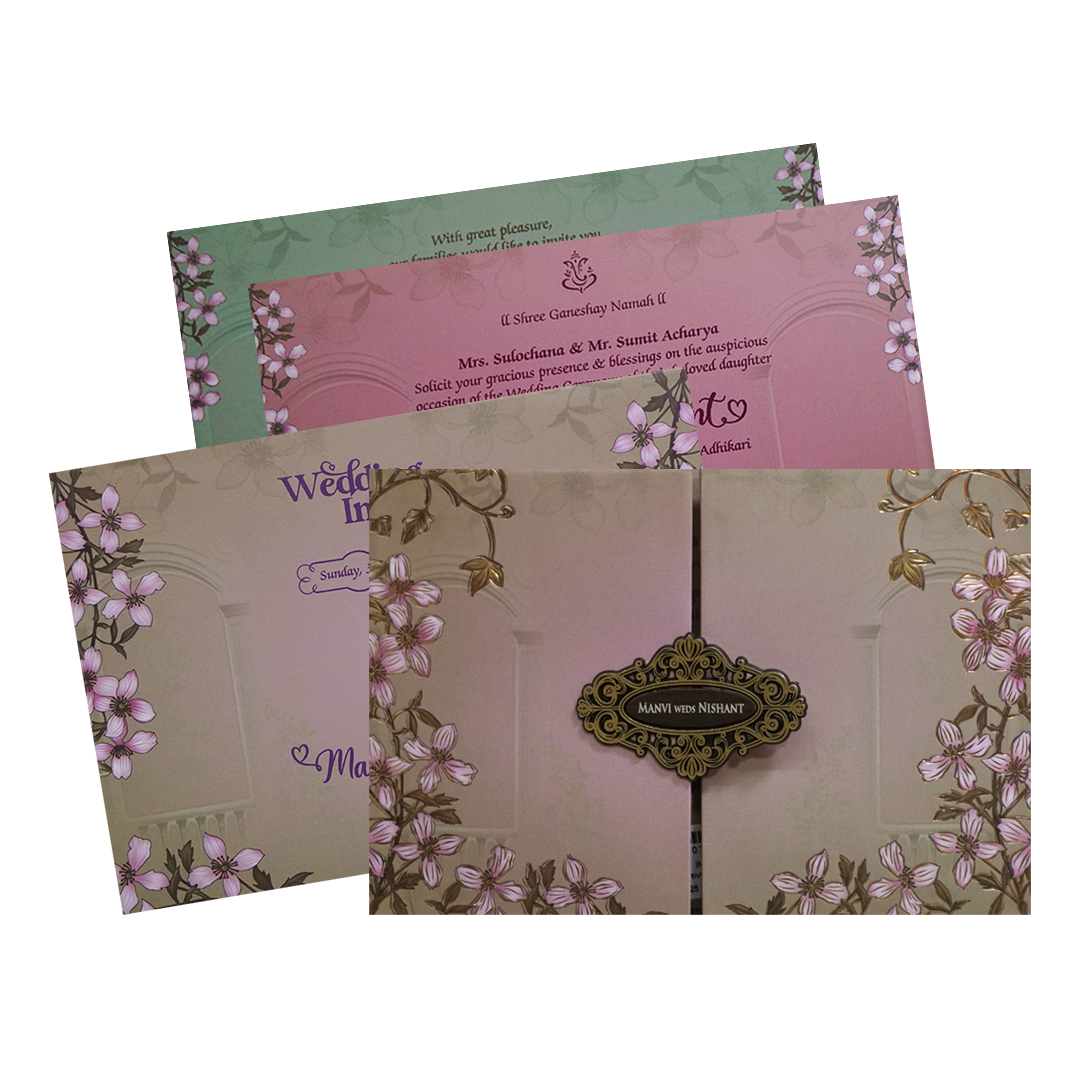 Brown Padded Embossed Floral Wedding Card - KVN07350