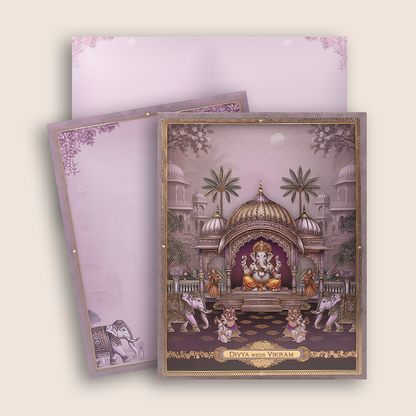 Purple Lord Ganesha Temple Floral Wedding Card  - KNKJ1166