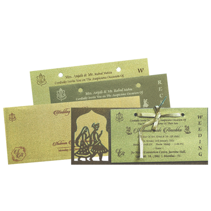 Gold Laser Cut MDF Wedding Invitation Card with Bride &amp; Groom Motif-KRB07020