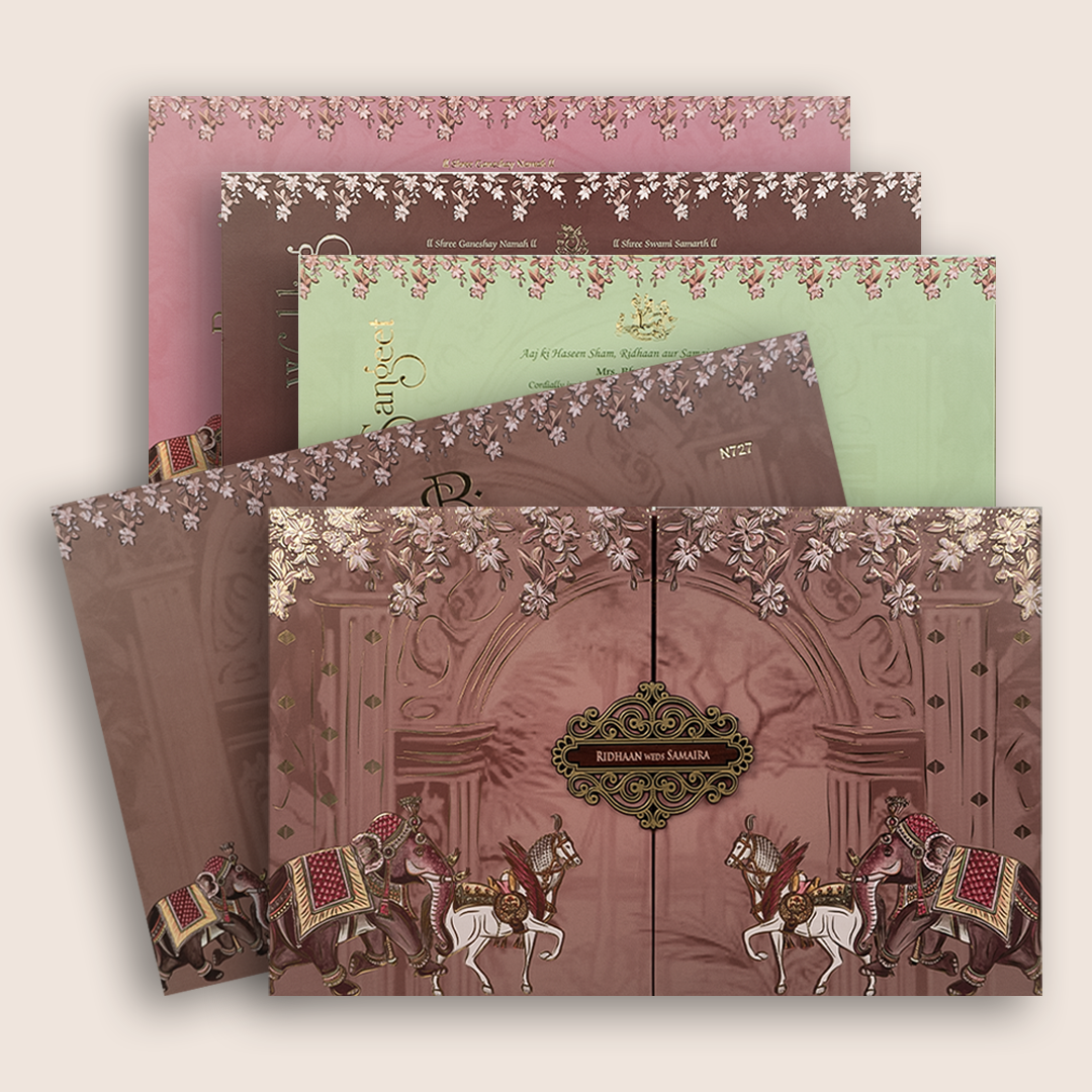 Pink Embossed Elephant Horse Doorstyle Padded Wedding Card - KVN07270