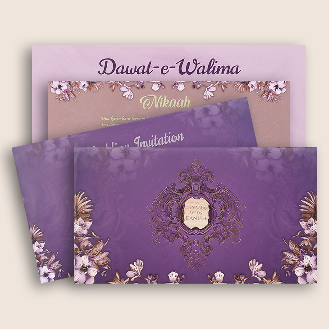 Purple Floral Three Fold Padded Wedding Card - KVN07450
