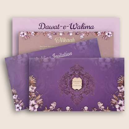 Purple Floral Three Fold Padded Wedding Card - KVN07450