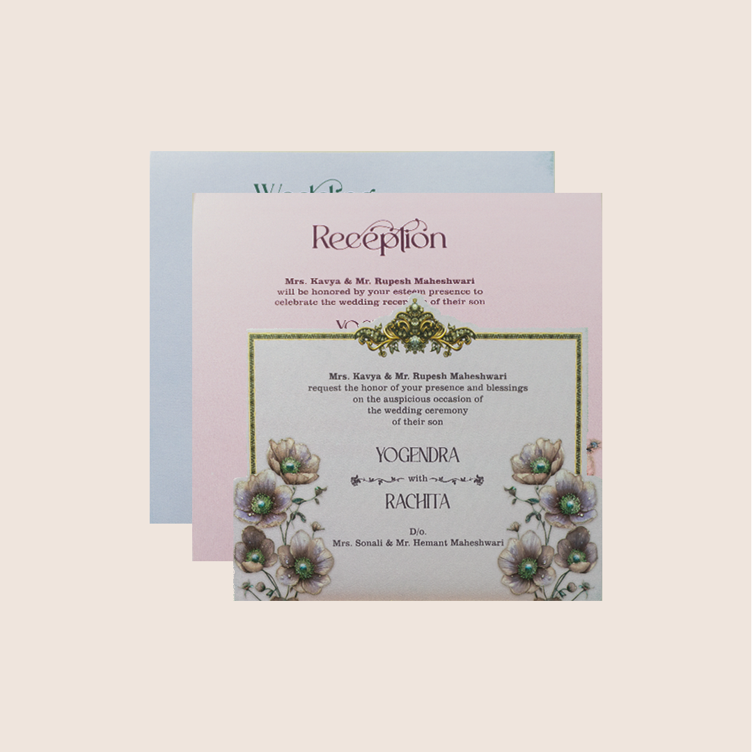 Light Blue Embossed Floral Padded Invitation Card - KPR026090