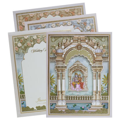 Green Gold Radha Krishna 3D Palace Padded Wedding Card-KMMEX8160