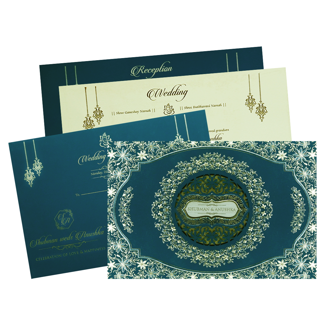 Blue Padded Embossed Floral Cutout Wedding Invitation Card-KRB09802