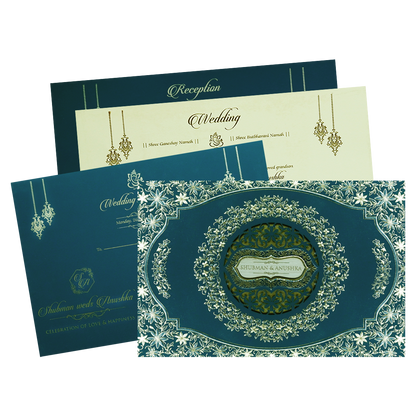 Blue Padded Embossed Floral Cutout Wedding Invitation Card-KRB09802