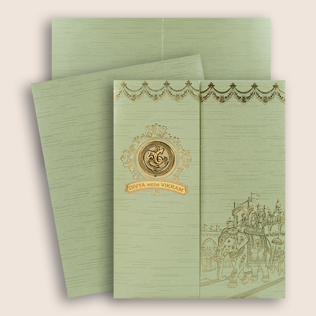 Green Royal Baraat Door Style Wedding Invitation Card - KNKR5037N