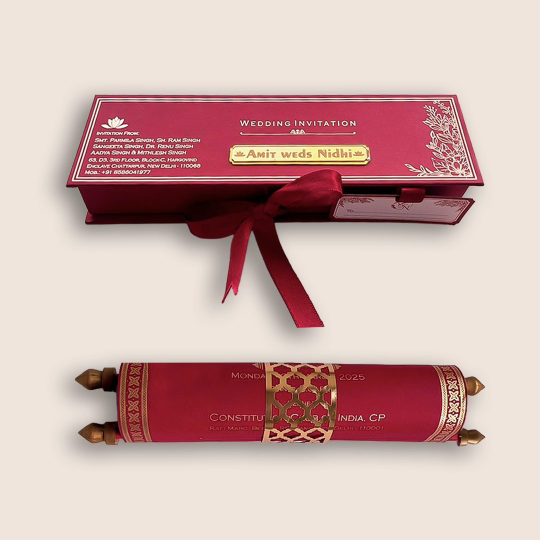 Maroon Scroll Wedding Card Box Set - KNLW202559