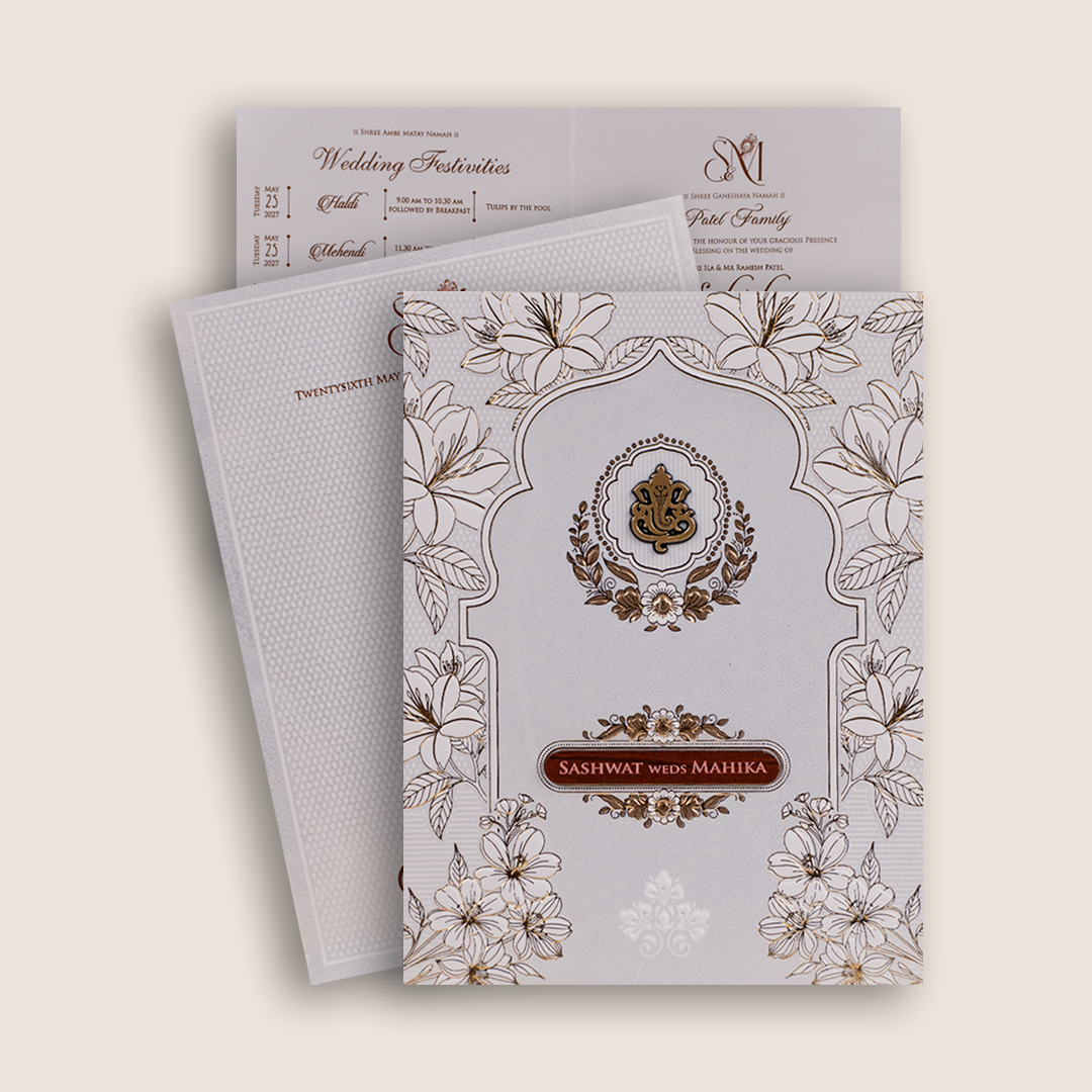 White Embossed Floral Wedding Invitation Card - KRE29510