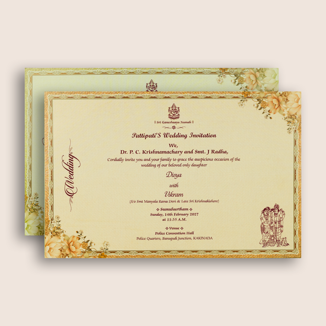 Beige Floral Padded Wedding Invitation Card - KNAK4704
