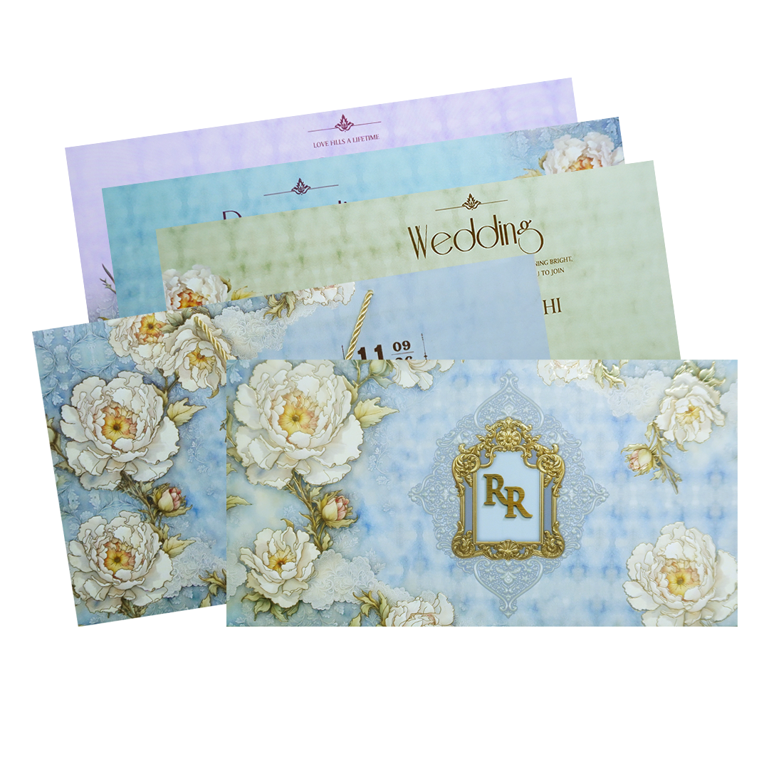 Blue Floral Embossed Luxury Wedding Invitation-KPR24730