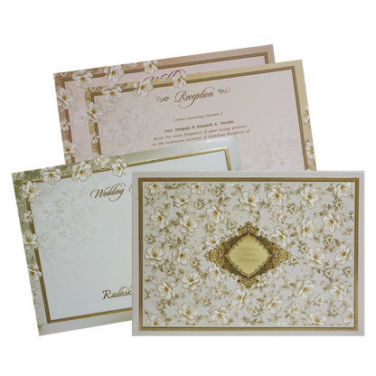 Grey Cream Floral Embossed Laser Cut Padded Wedding Card -KMMWD1143