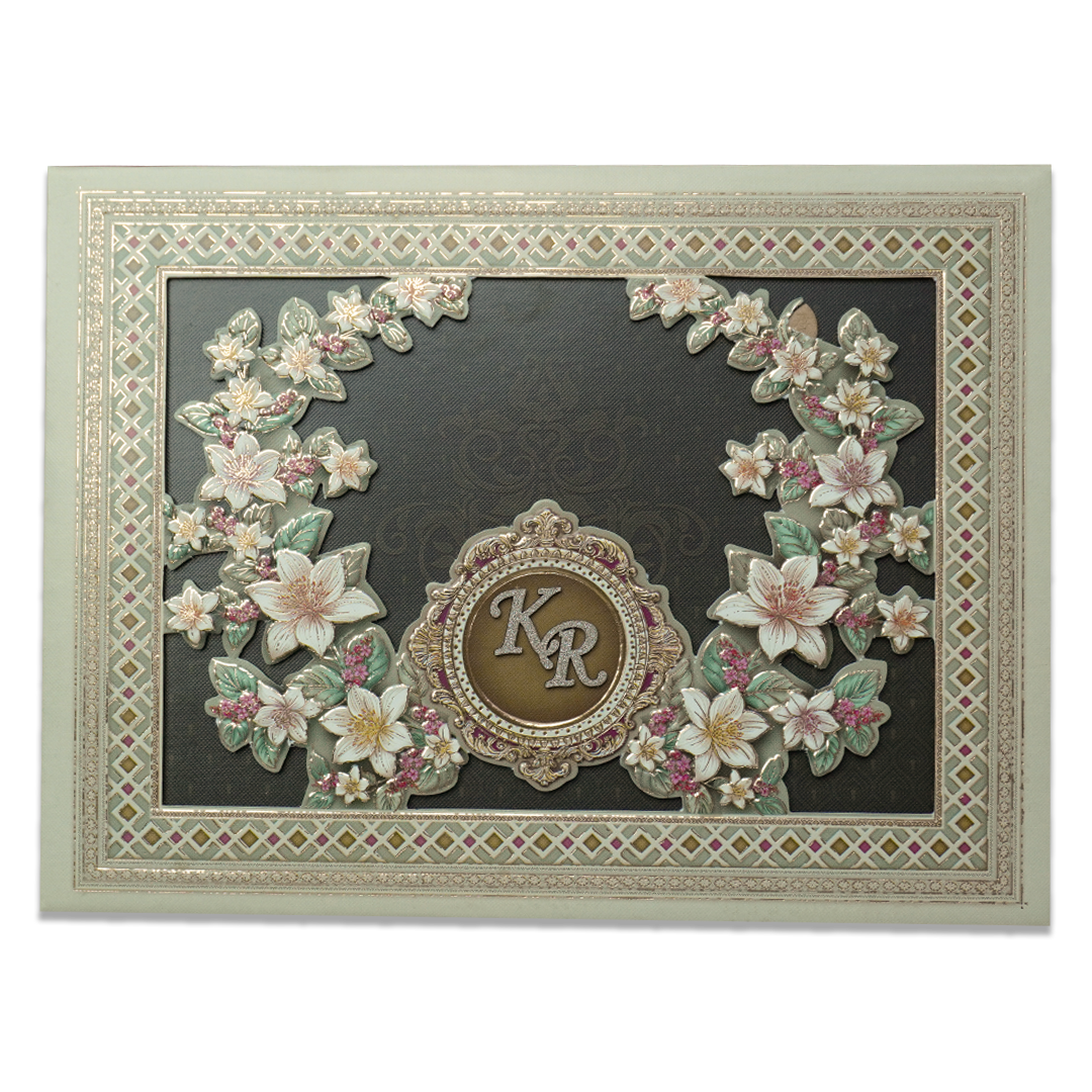 Green Floral Monogram Padded Wedding Card - KSI64120