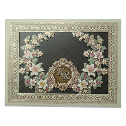 Green Floral Monogram Padded Wedding Card - KSI64120
