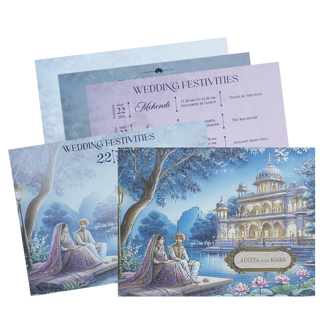 Blue Palace Couple Theme Wedding Card - KFR16290