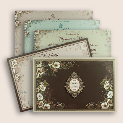Brown Floral Padded Wedding Invitation Card - KSH18110