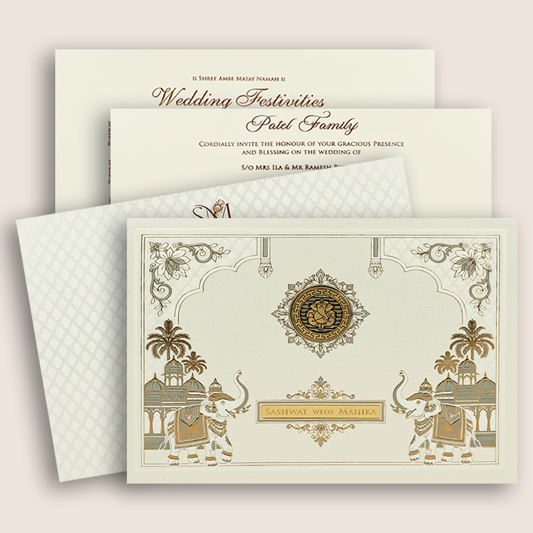 White Embossed Floral Elephant Padded Wedding Card - KRE29230