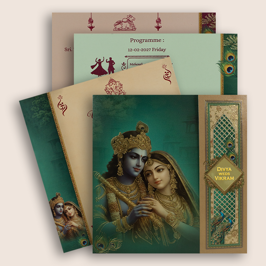 Teal Green Radha Krishna Door Style Wedding Card - KNSR8814