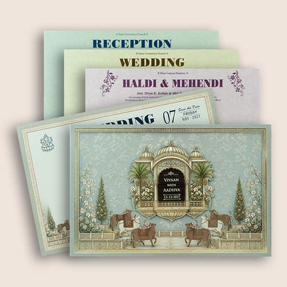 Blue Jharokha Padded Wedding Invitation Card - KSH18050