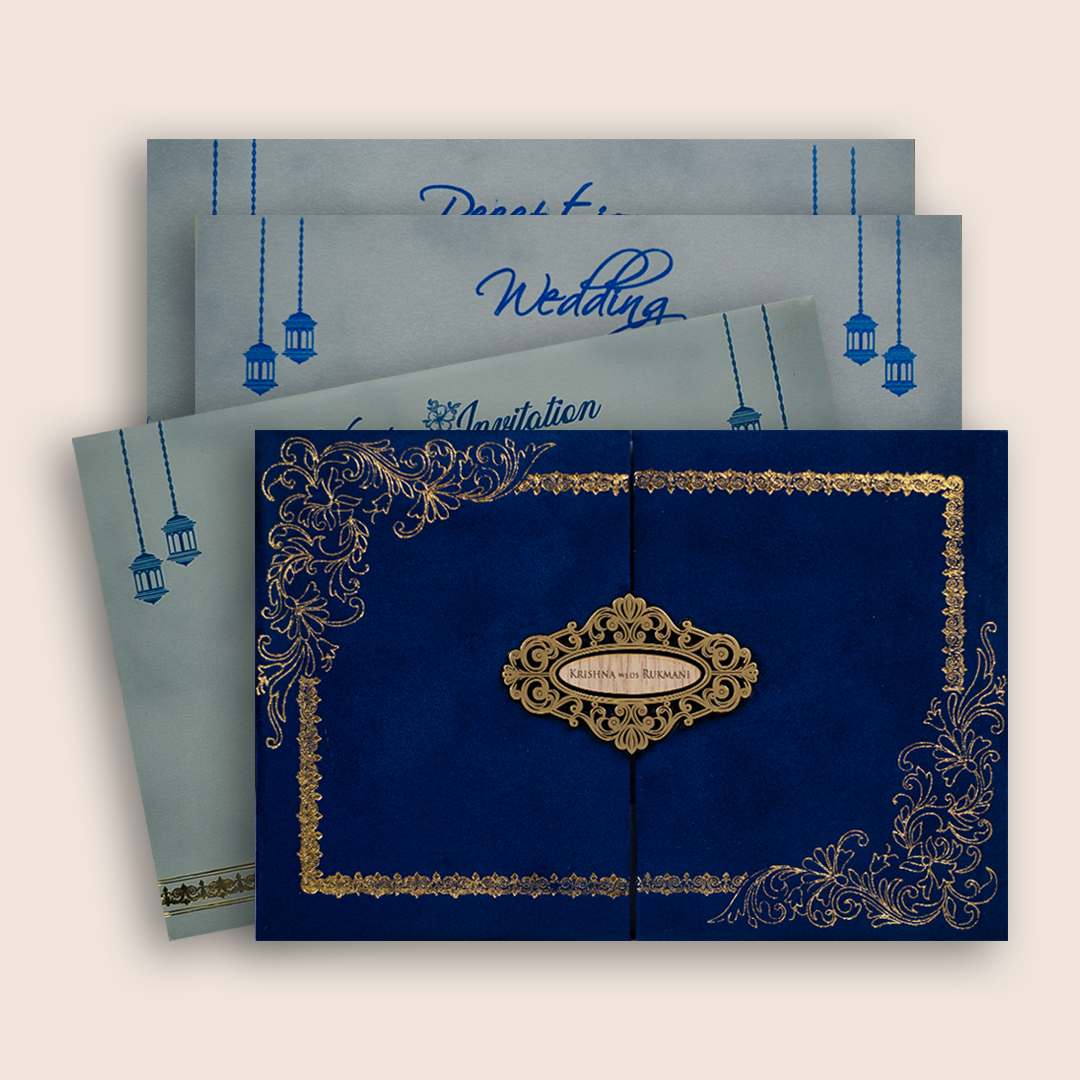 Royal Blue Velvet Floral Padded Door Style Invitation Card - KJTS1953