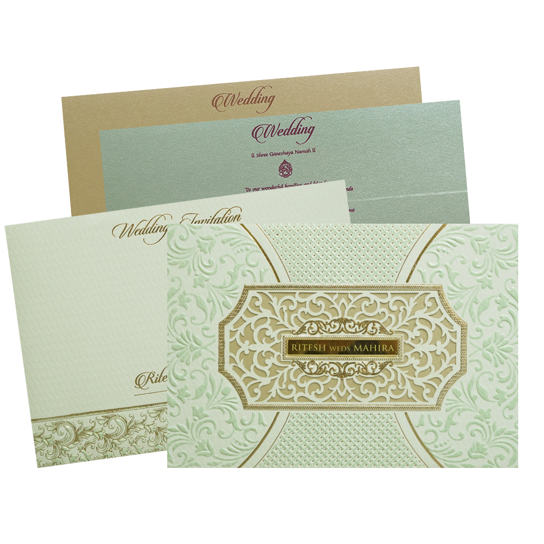 Green Gold Padded Floral Laser Cut Wedding Card - KMMWD1120