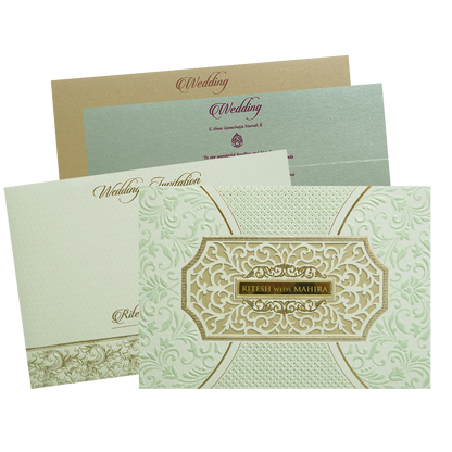 Green Gold Padded Floral Laser Cut Wedding Card - KMMWD1120