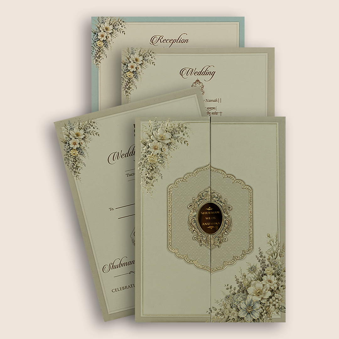 Grey Embossed Floral Door Style Padded Marriage Invitation - KRB10810
