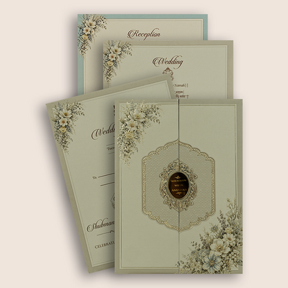Grey Embossed Floral Door Style Padded Marriage Invitation - KRB10810