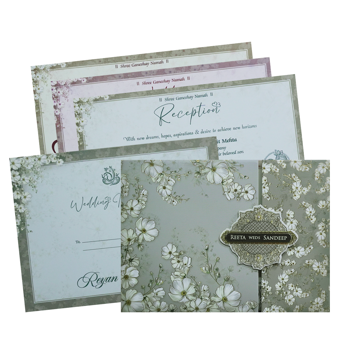 Grey Floral Padded Wedding Card - KSH72960