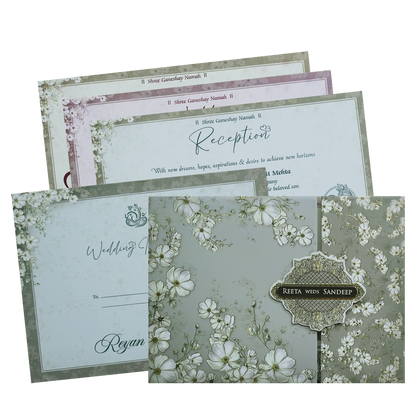 Grey Floral Padded Wedding Card - KSH72960