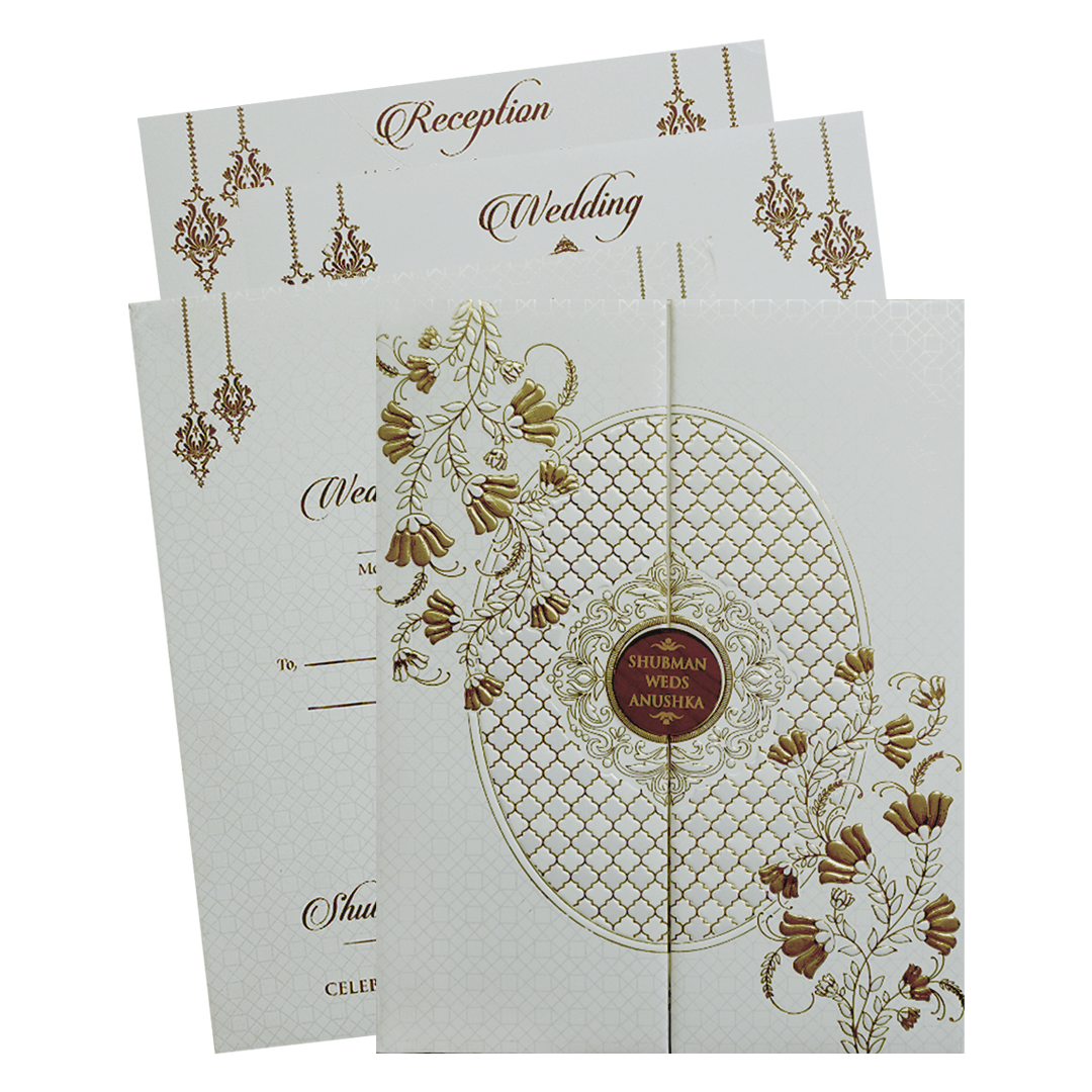White Gold Doorstyle Padded Wedding Card-KRB09690