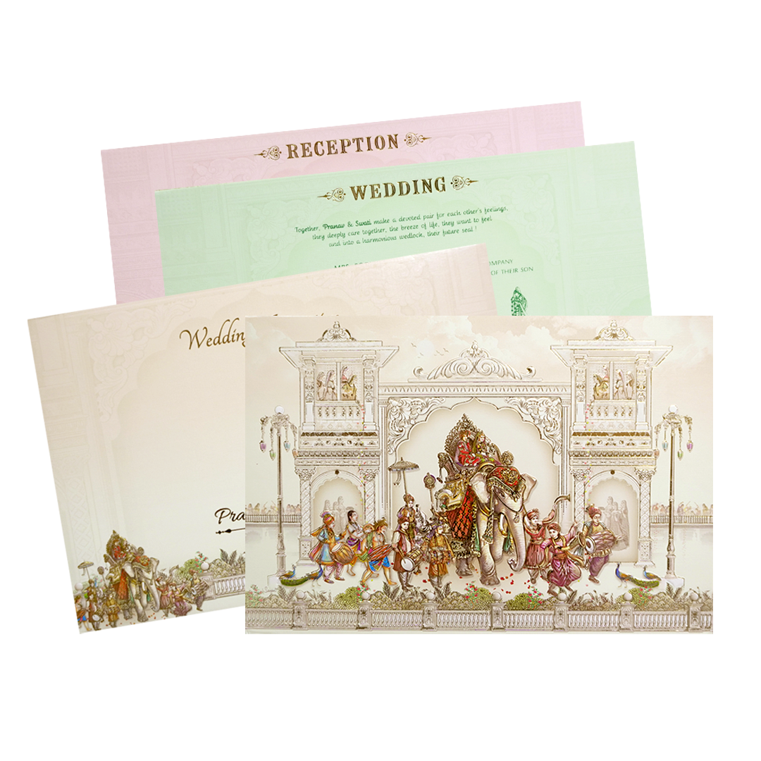 Cream Baraat Procession 3D Padded Wedding Card - KMMWD1111