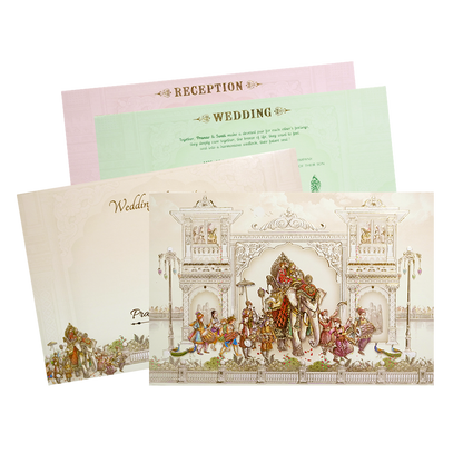 Cream Baraat Procession 3D Padded Wedding Card - KMMWD1111