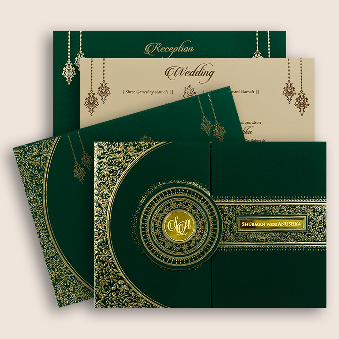 Green Embossed Floral Door Style Padded Wedding Card - KRB10471