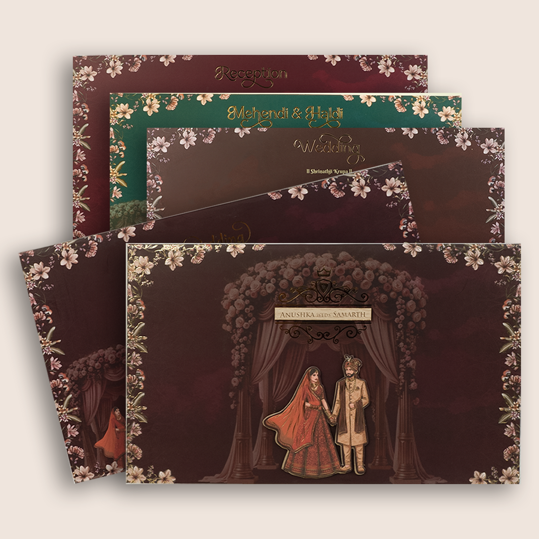 Brown Embossed Floral Bride Groom Padded Wedding Card - KVN07930