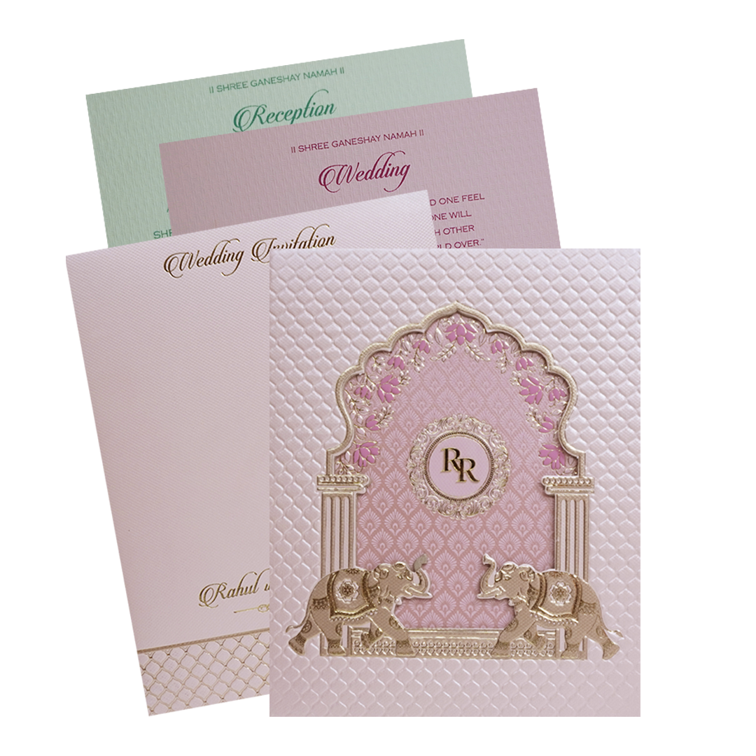 Pink Gold Elephant Arch Padded Wedding Card - KMMWD1118