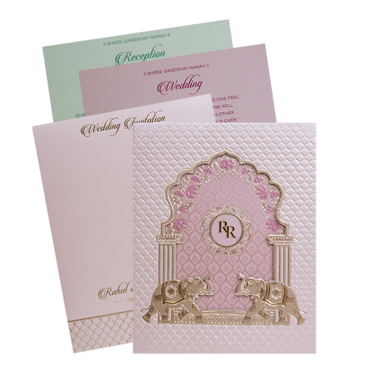 Pink Gold Elephant Arch Padded Wedding Card - KMMWD1118